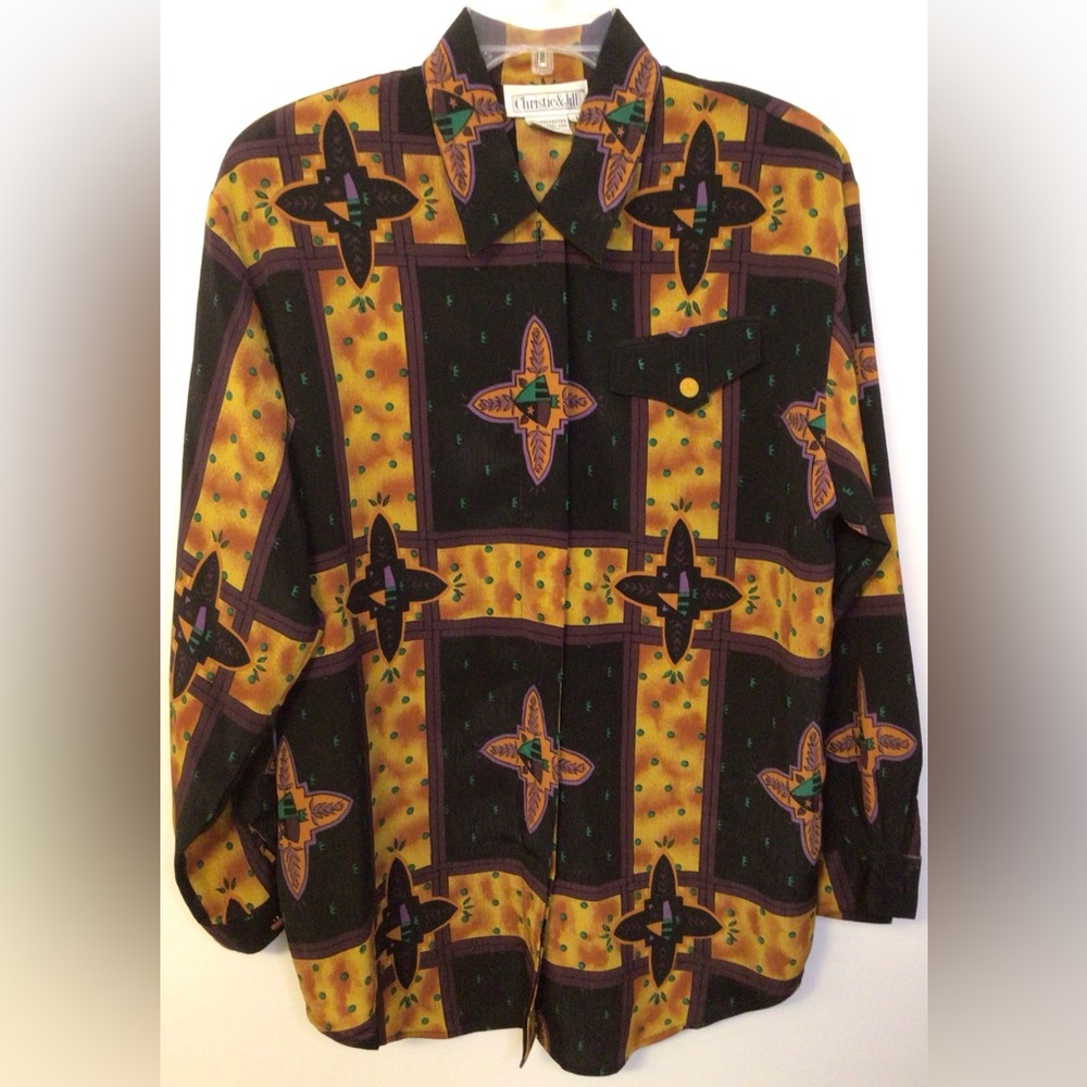 Vintage Christie & Jill  black tan button down blouse with shoulder pads size L